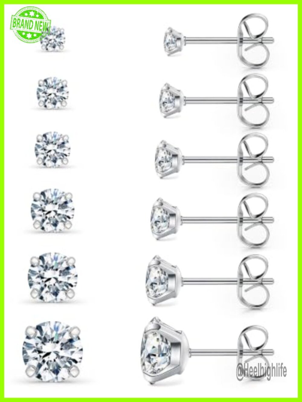 6 Pairs Stud Earrings Set Hypoallergenic Cubic Zirconia 316L Stainless Steel